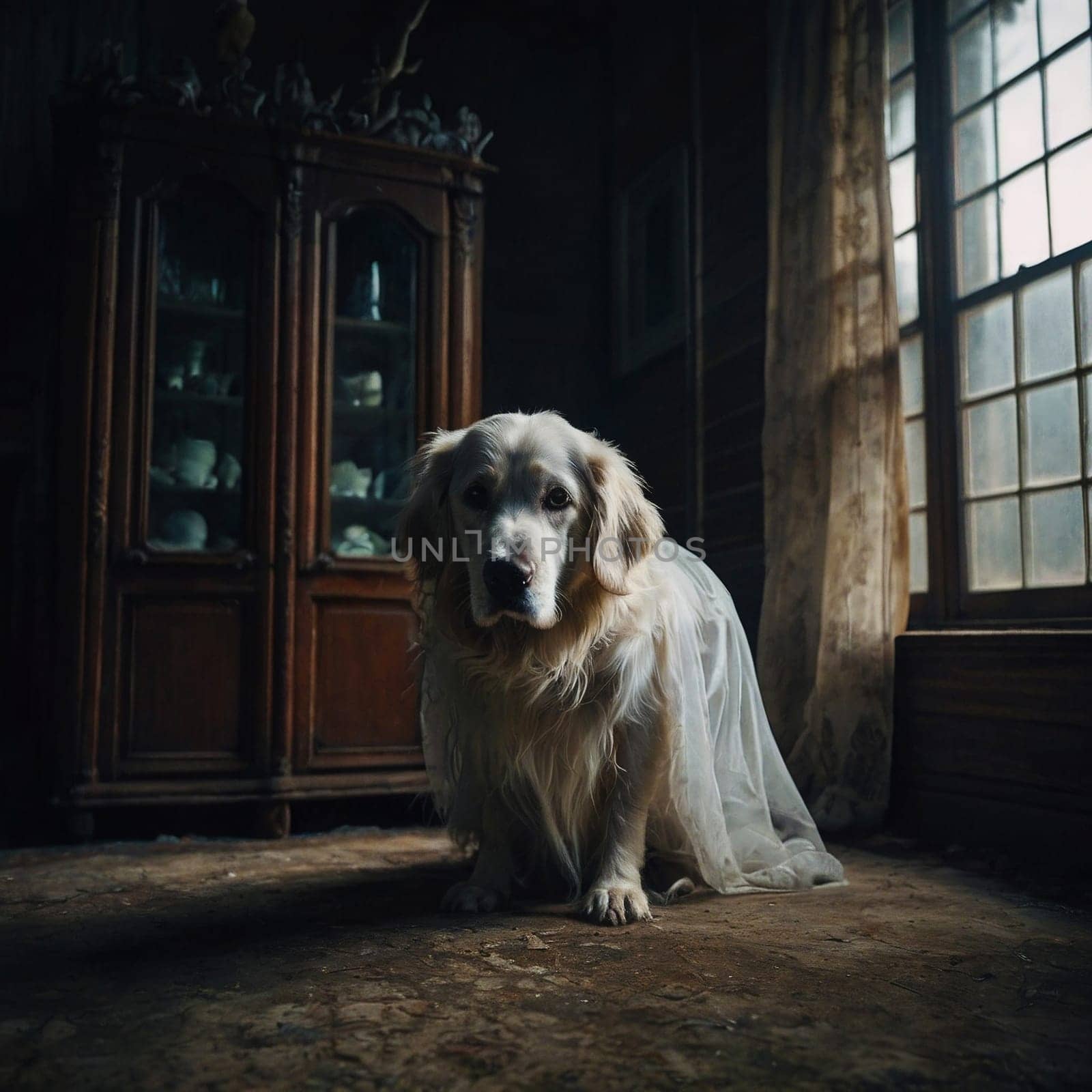 A dog sits on the floor of an abandoned house by VeronikaAngo