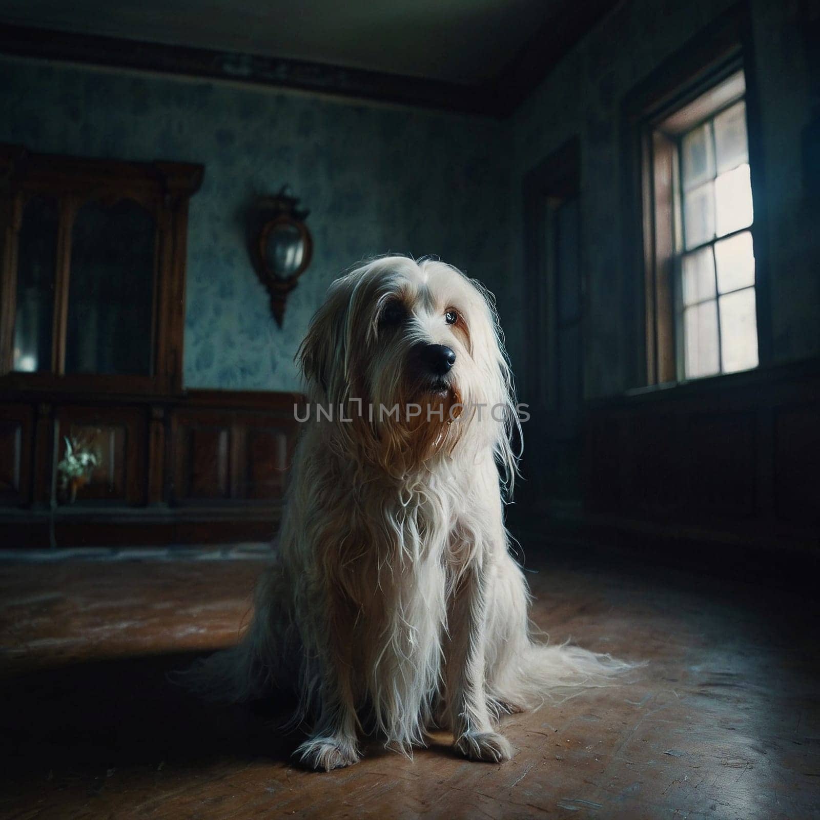 A white dog sits on the floor of an abandoned house near the window