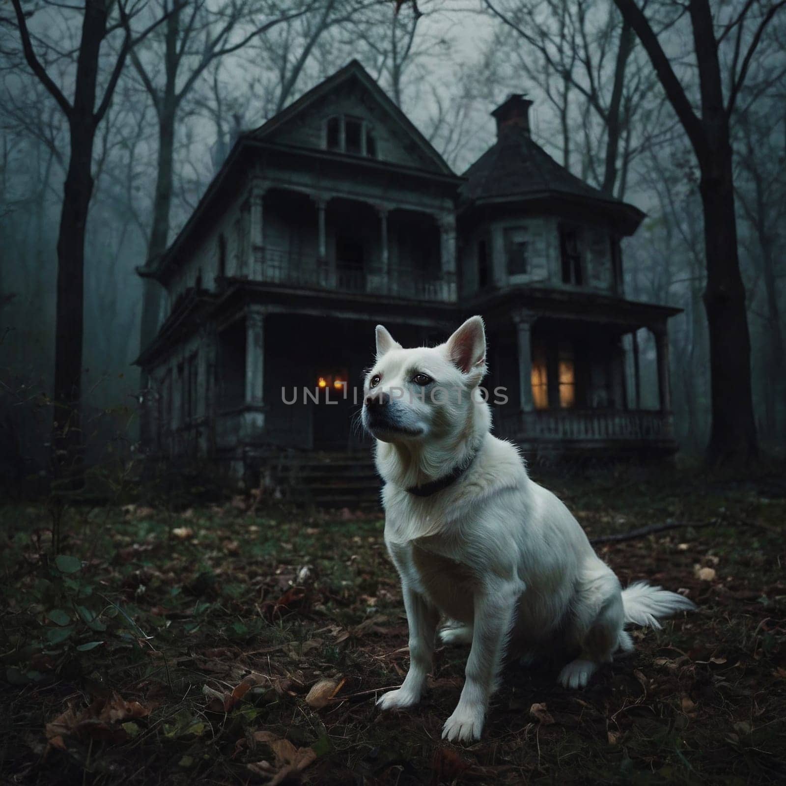 A white dog sits in front of an old house by VeronikaAngo