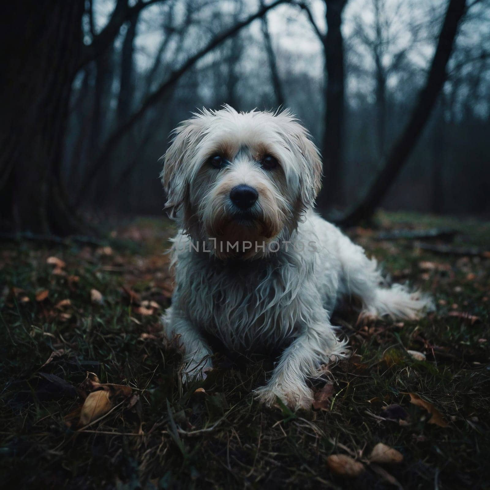 Dog sitting in gloomy autumn forest. High quality photo