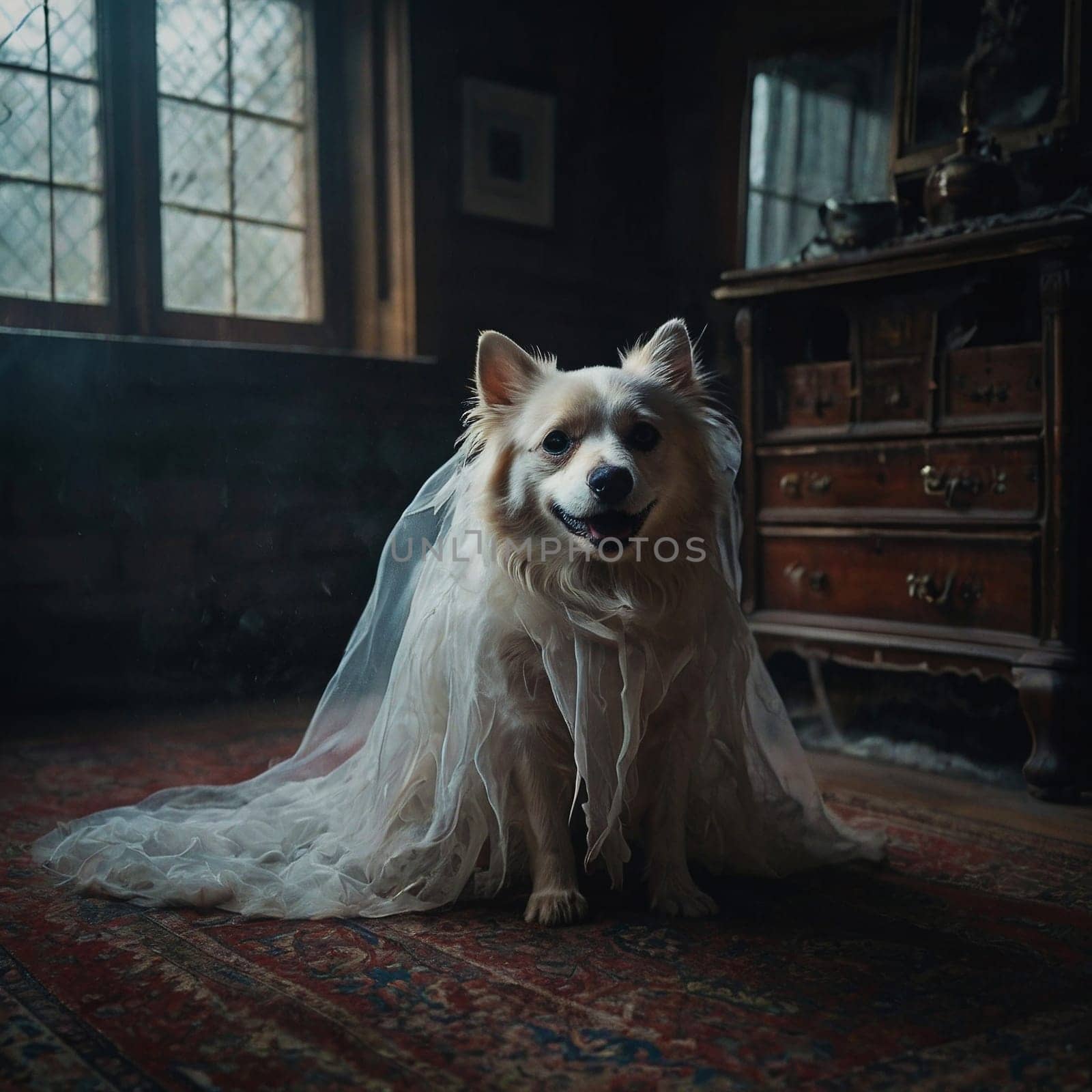 White Ghost Dog in Veil Sitting on Floor. High quality photo