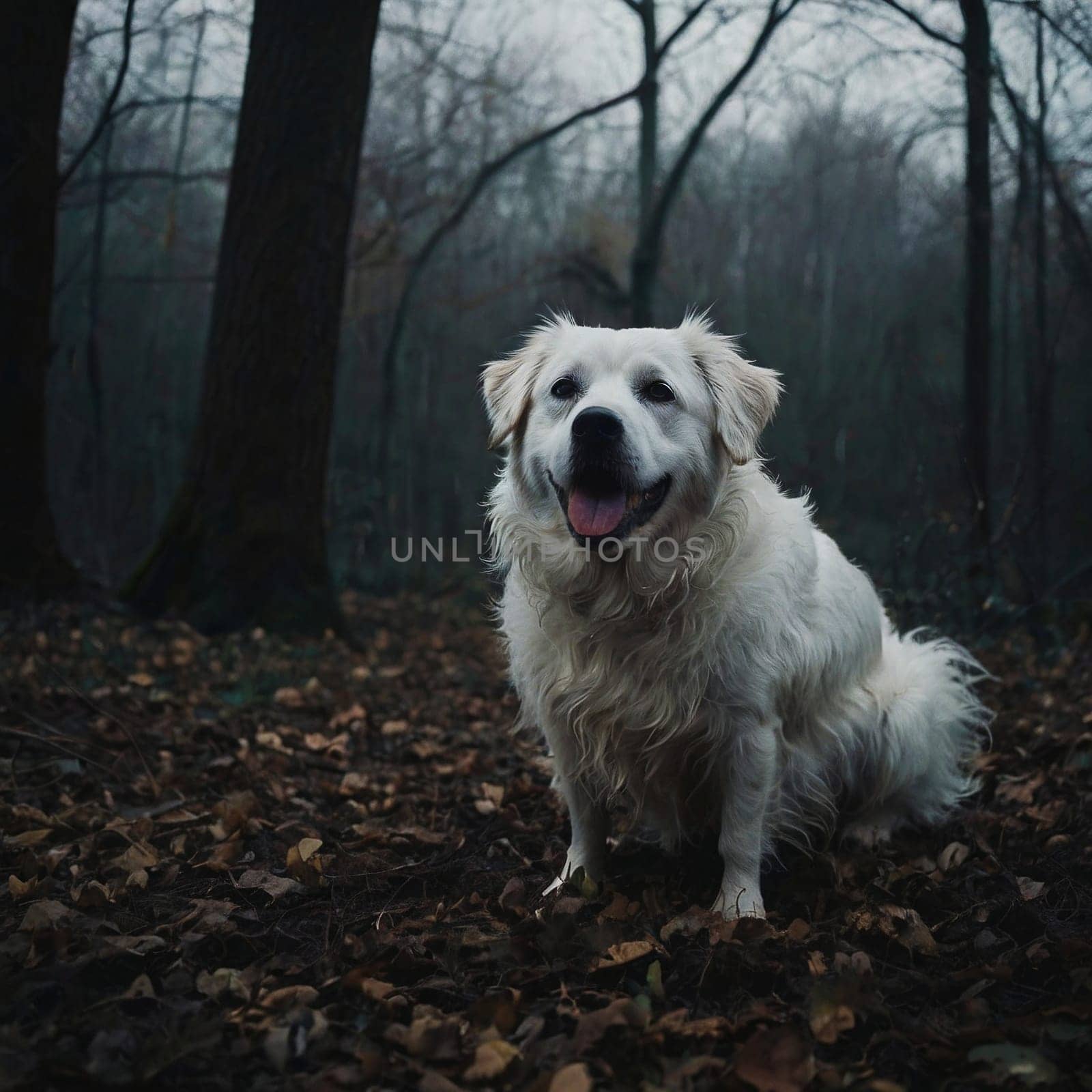 Dog sitting in gloomy autumn forest. High quality photo