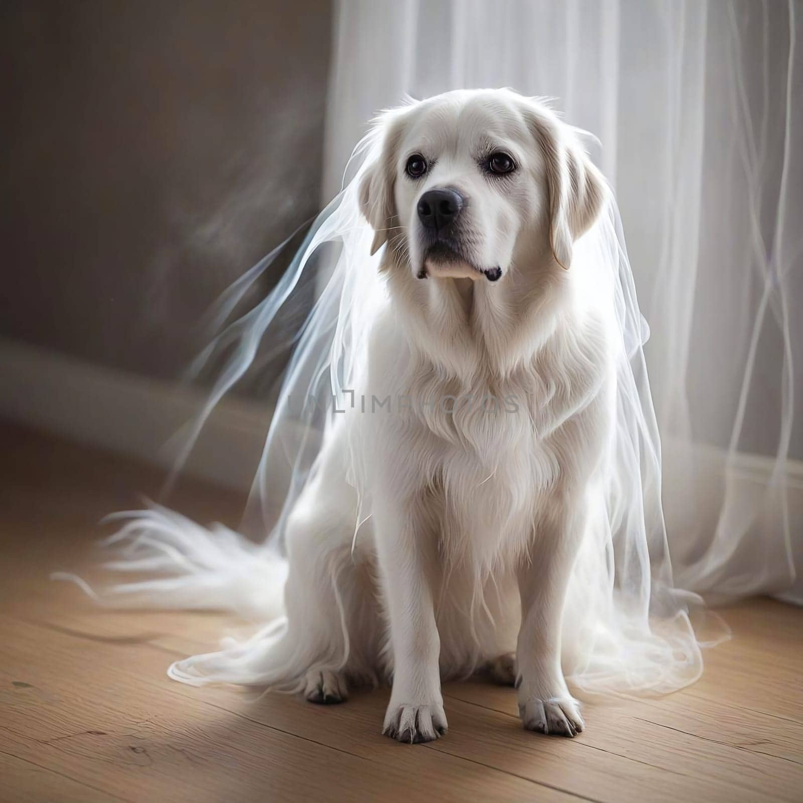 White Ghost Dog in Veil Sitting on Floor. High quality photo