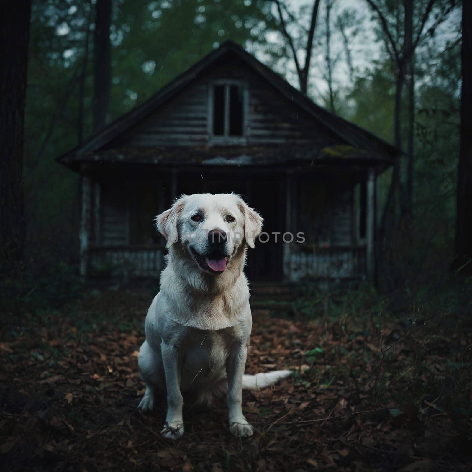 Dog sits in front of an old abandoned hut by VeronikaAngo