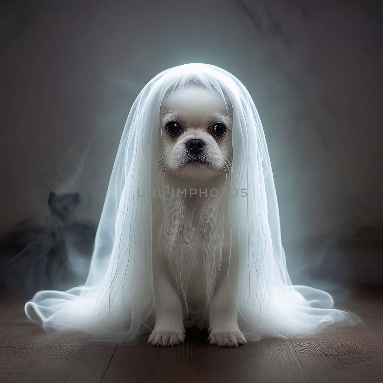 White Ghost Dog in Veil Sitting on Floor by VeronikaAngo