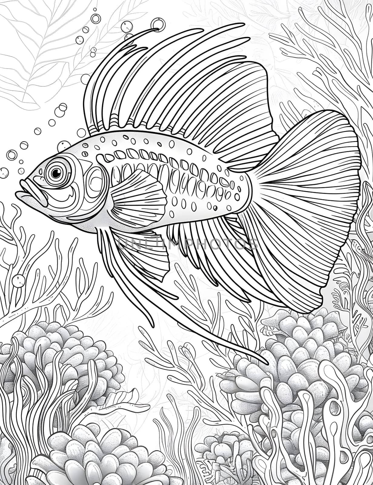 A monochromatic illustration of a fish gracefully swimming amidst coral reefs. The intricate details on the fins and tail showcase the artists skill in marine biology and botany