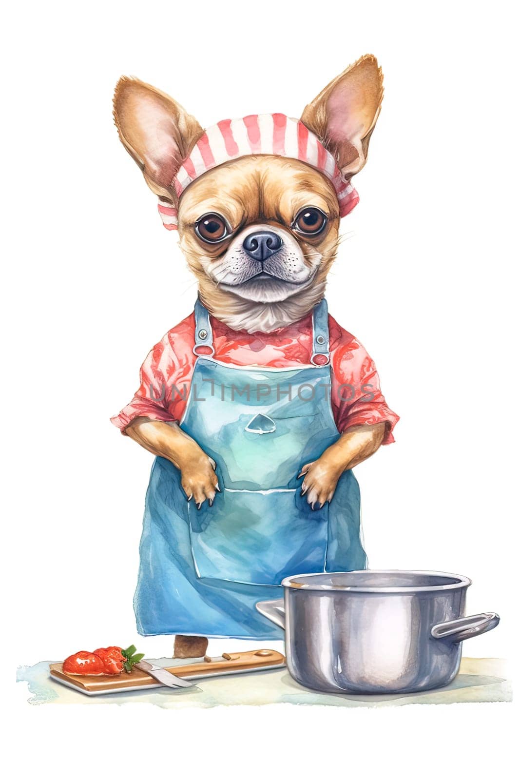 A dog is wearing an apron and standing in front of a pot. The dog is wearing a chef's hat and he is cooking