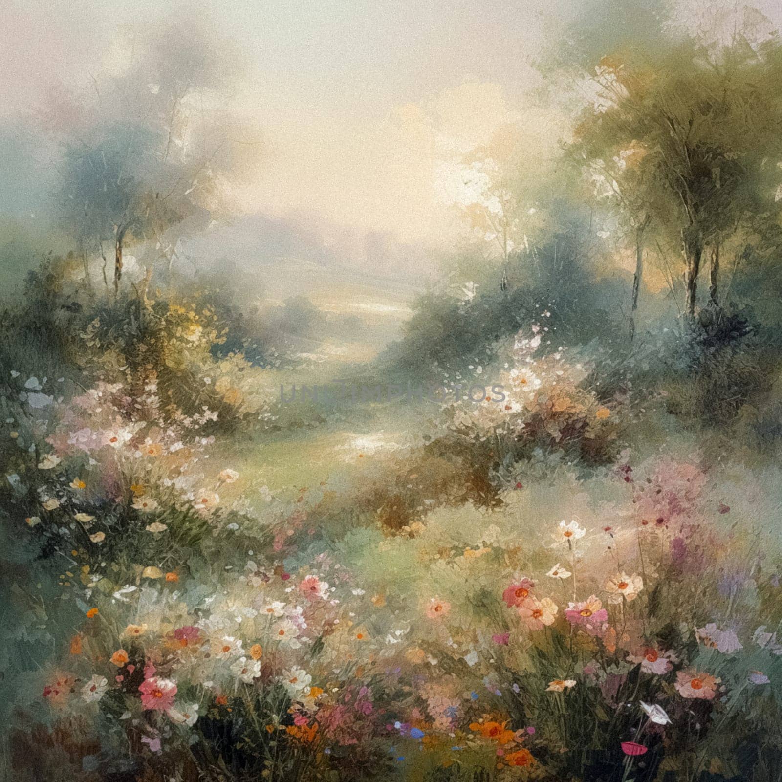 Oil style fine art painting of the English countryside, depicting romantic floral meadow, flowers field in soft pastel colours, evoking a sense of tranquility and natural beauty, printable art design