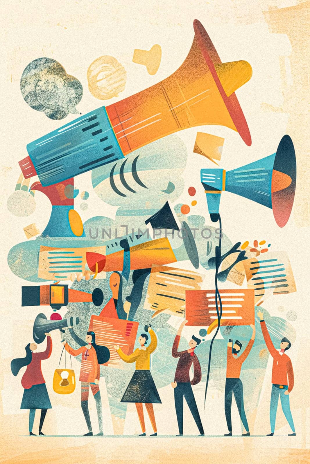 Retro art illustration of voting, social media, communication and advertising concept, people crowd vote and brand message idea