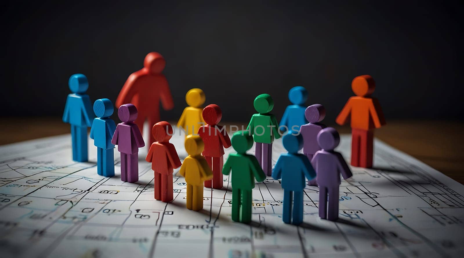 A group of colorful wooden figures stand on a white plan with lines and writing. The figures are arranged in a semi-circle, with one figure standing out from the rest. The figures represent people and are likely used for brainstorming, planning, or other collaborative activities.