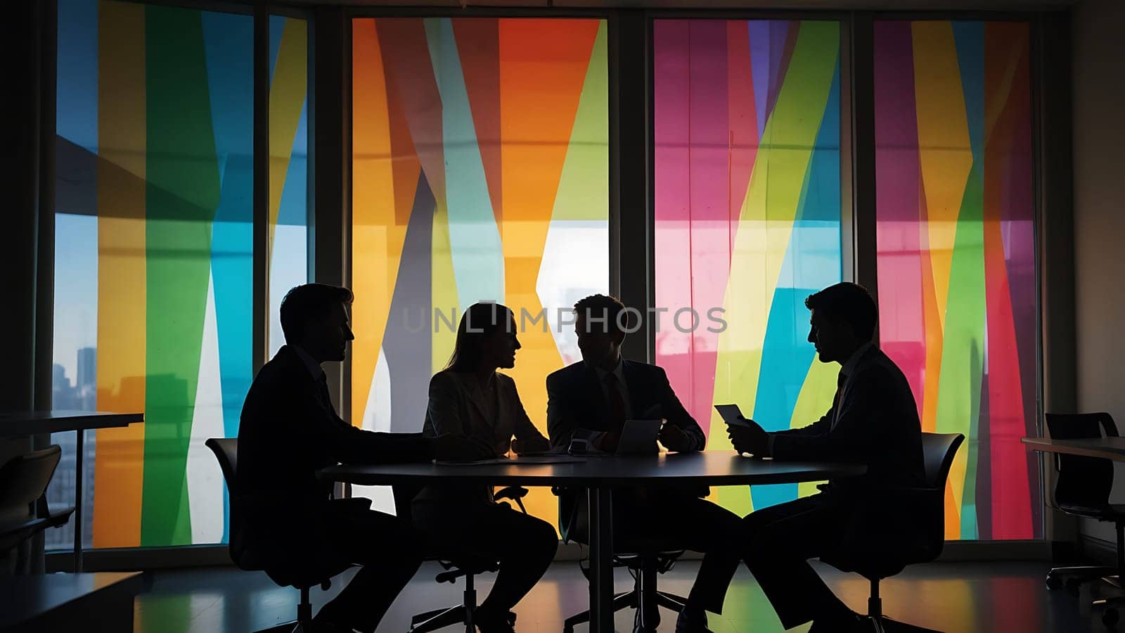 A group of four business professionals sit around a round table in a modern office. They are in silhouette, with the focus on the colorful, geometric window behind them. The bright, vibrant colors and modern setting create a dynamic and optimistic atmosphere.