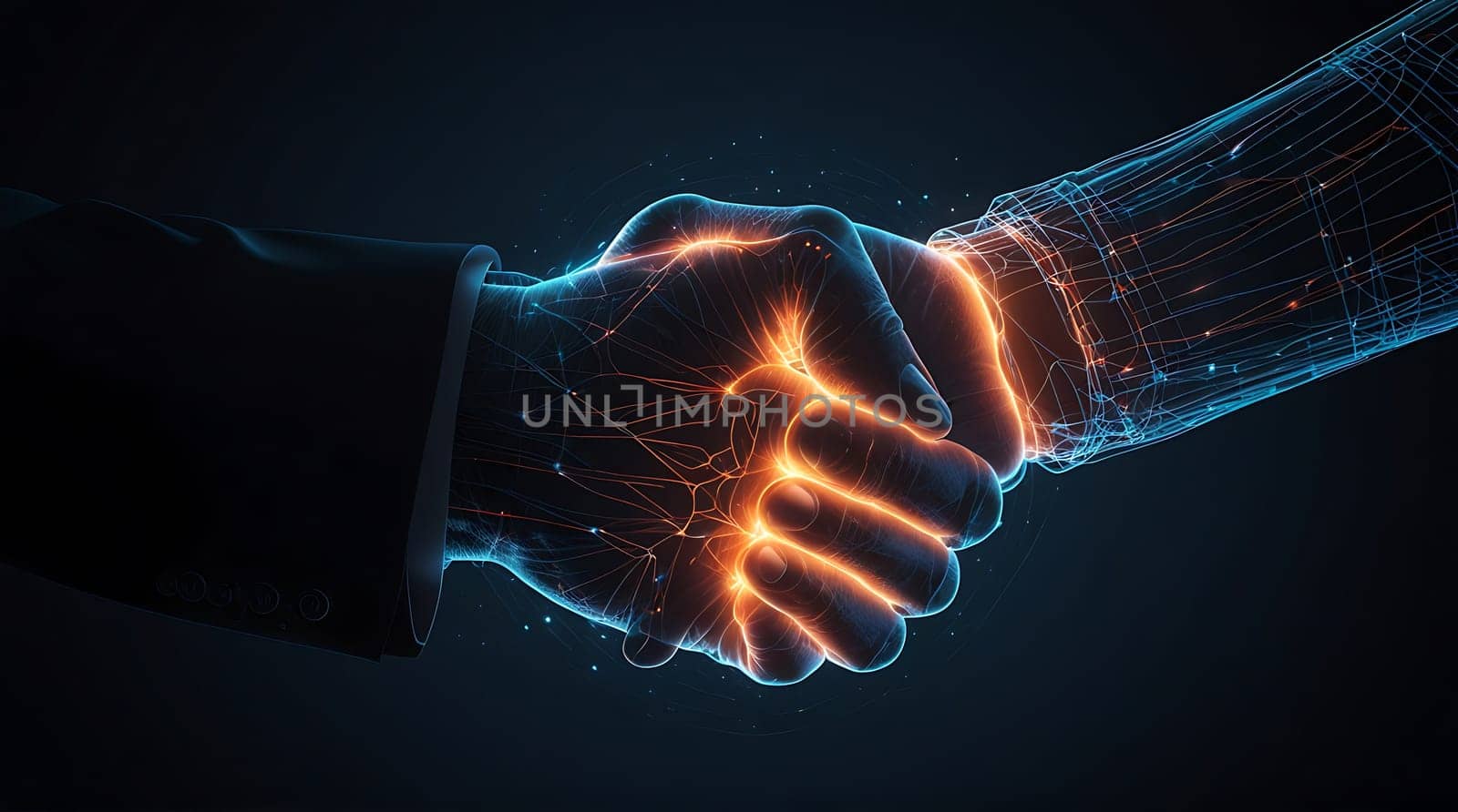 A digital rendering of two hands shaking, representing a business partnership. The image is visually striking, with the hands composed of glowing lines and points of light, set against a dark background.