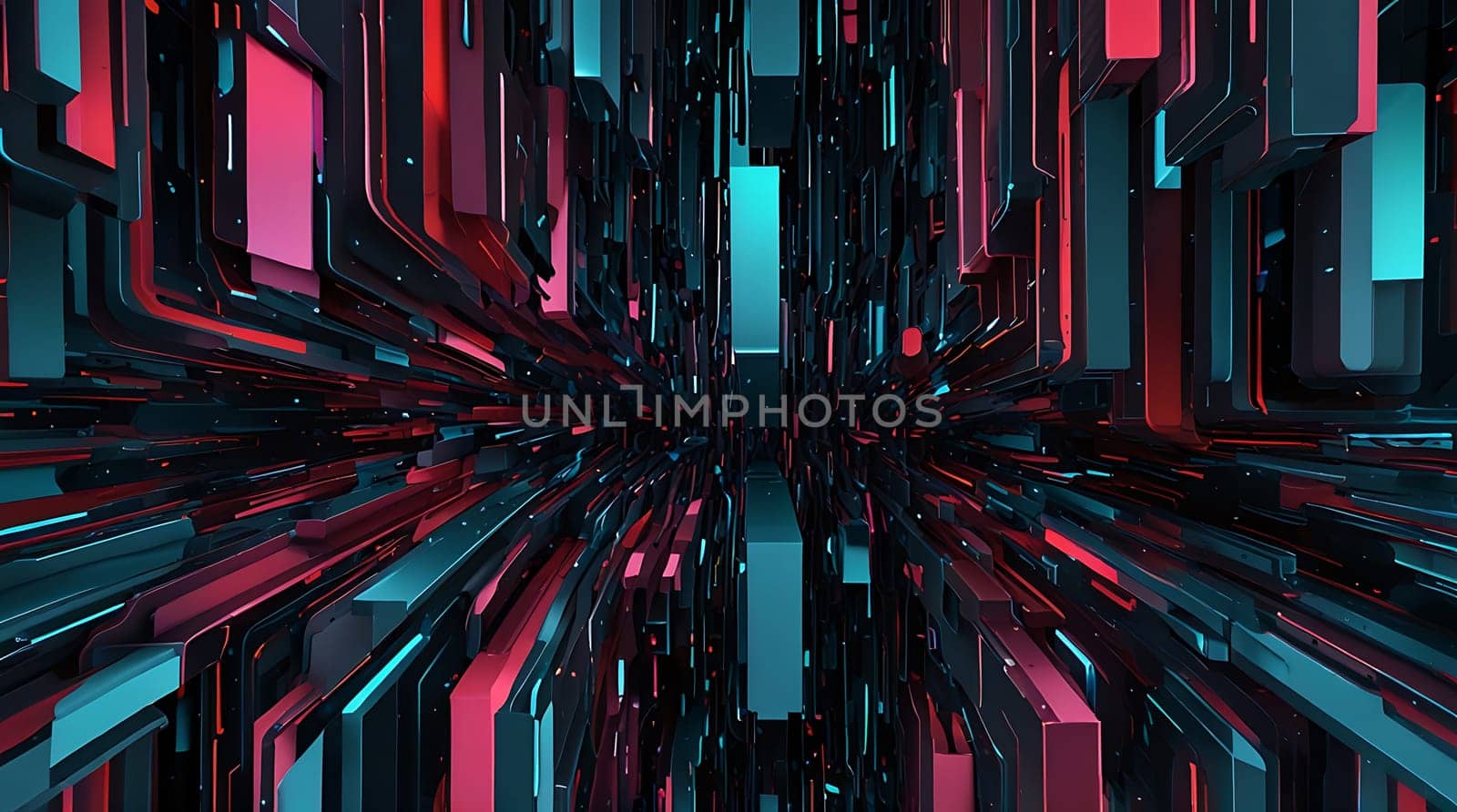 A digitally rendered, abstract cityscape composed of black, blue, and red rectangles. The scene is reminiscent of a futuristic city with a perspective that creates a sense of depth and movement, drawing the viewers eye towards the center. The contrasting colors and geometric forms create a dynamic and captivating visual experience.