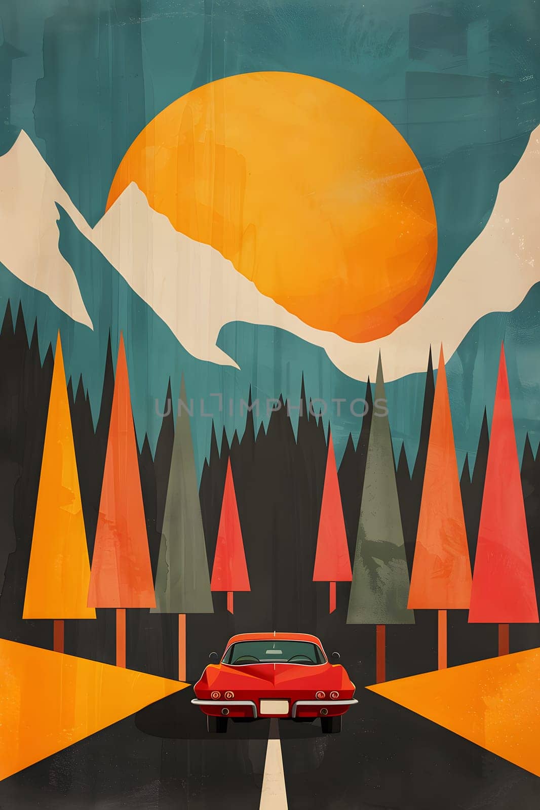 A red car painted orange drives through a scenic world of trees and mountains by Nadtochiy