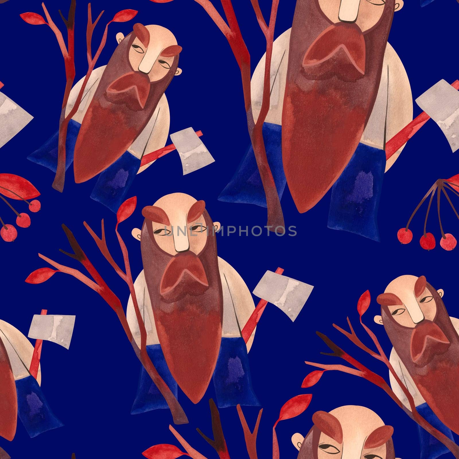 Seamless pattern with magic gnomes, red autumn leaves, berries, twigs and baskets on a blue background. Pattern for wrapping paper, home and seasonal textiles, curtains, tablecloths, kitchen and nursery decoration. by Kudriavtseva