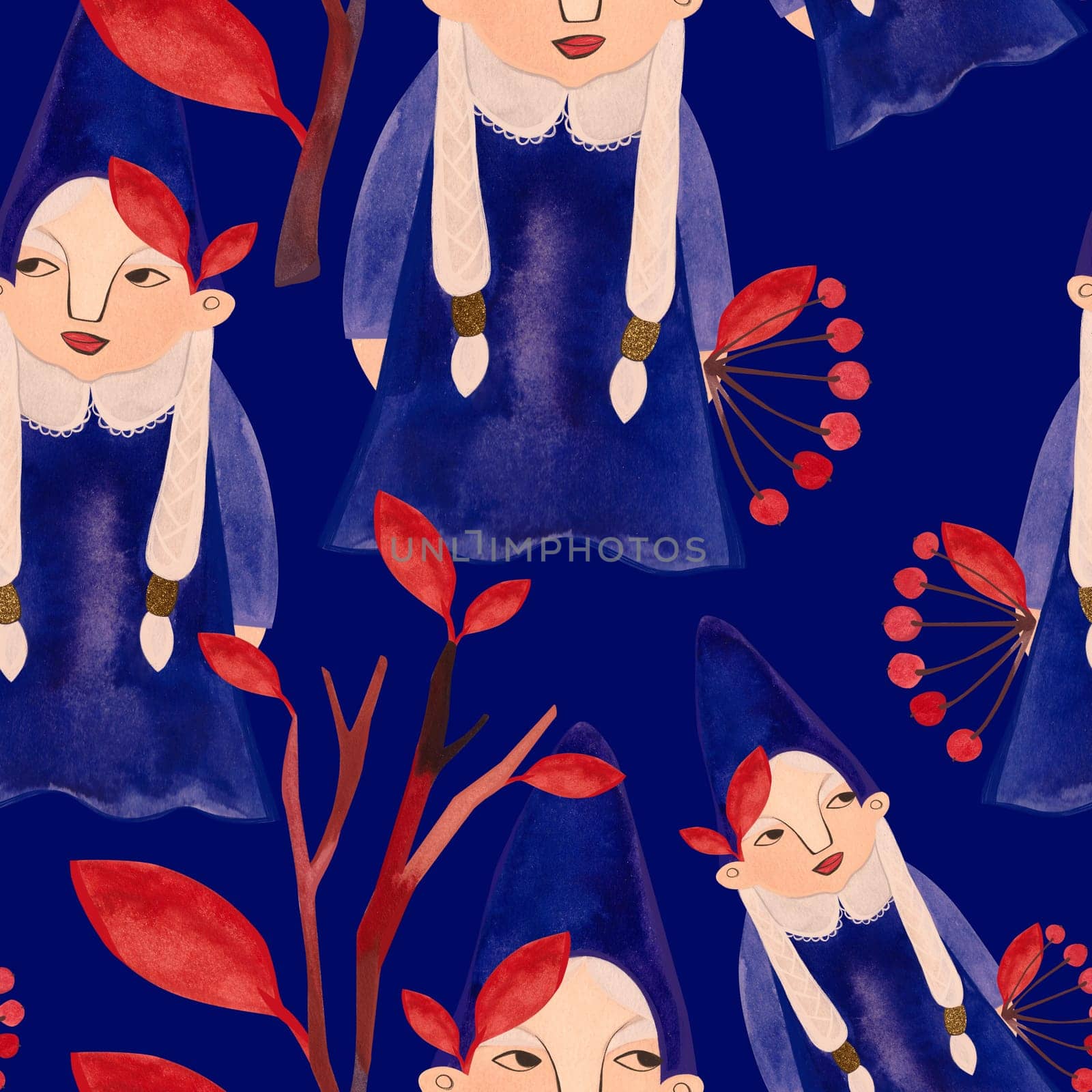 Seamless pattern with magic gnomes, red autumn leaves, berries, twigs and baskets on a blue background. Pattern for wrapping paper, home and seasonal textiles, curtains, tablecloths, kitchen and nursery decoration