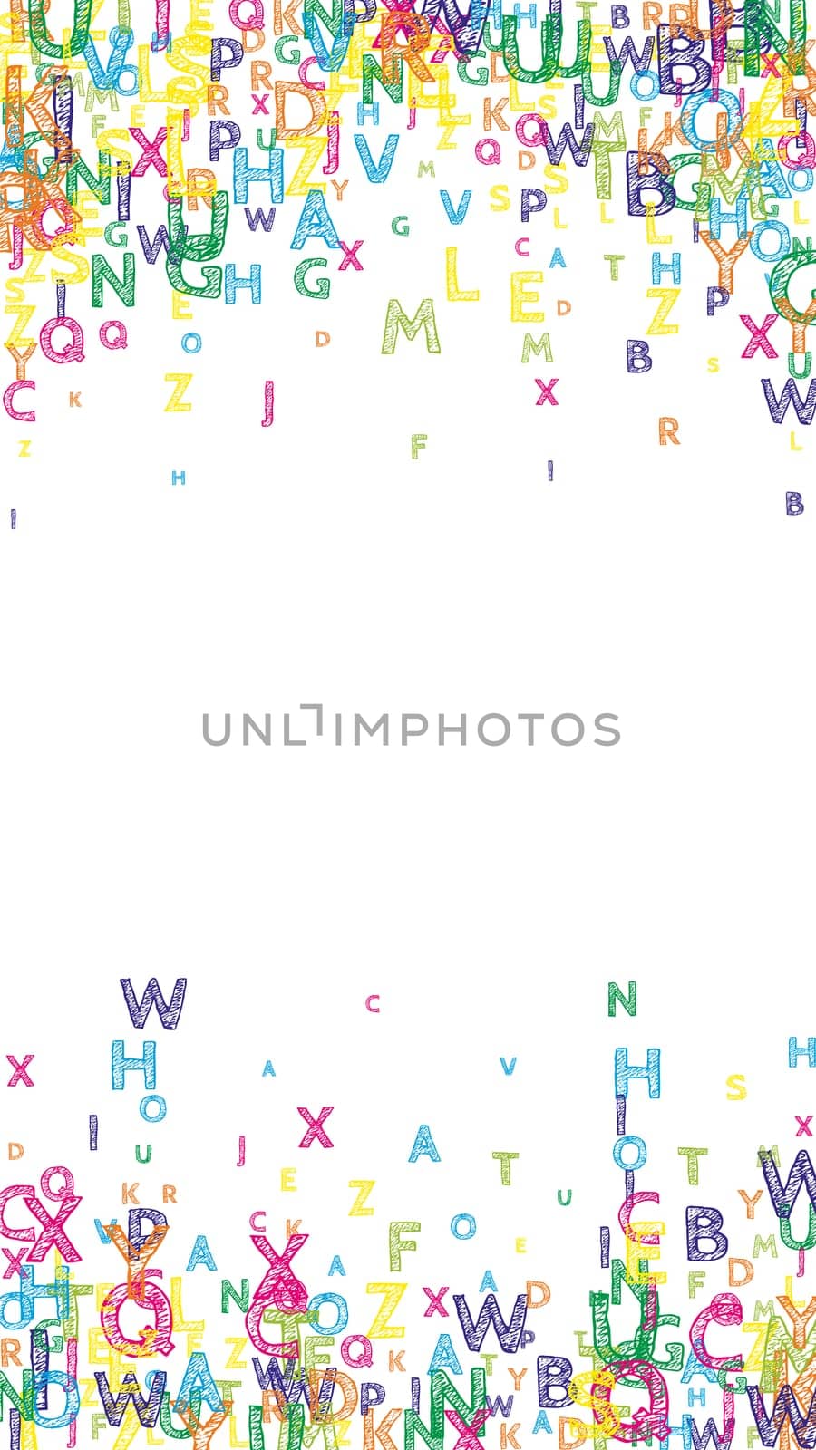 Flying latin letters. Colorful childish scattered charachters of English alphabet. Foreign languages study concept. Back to school banner .