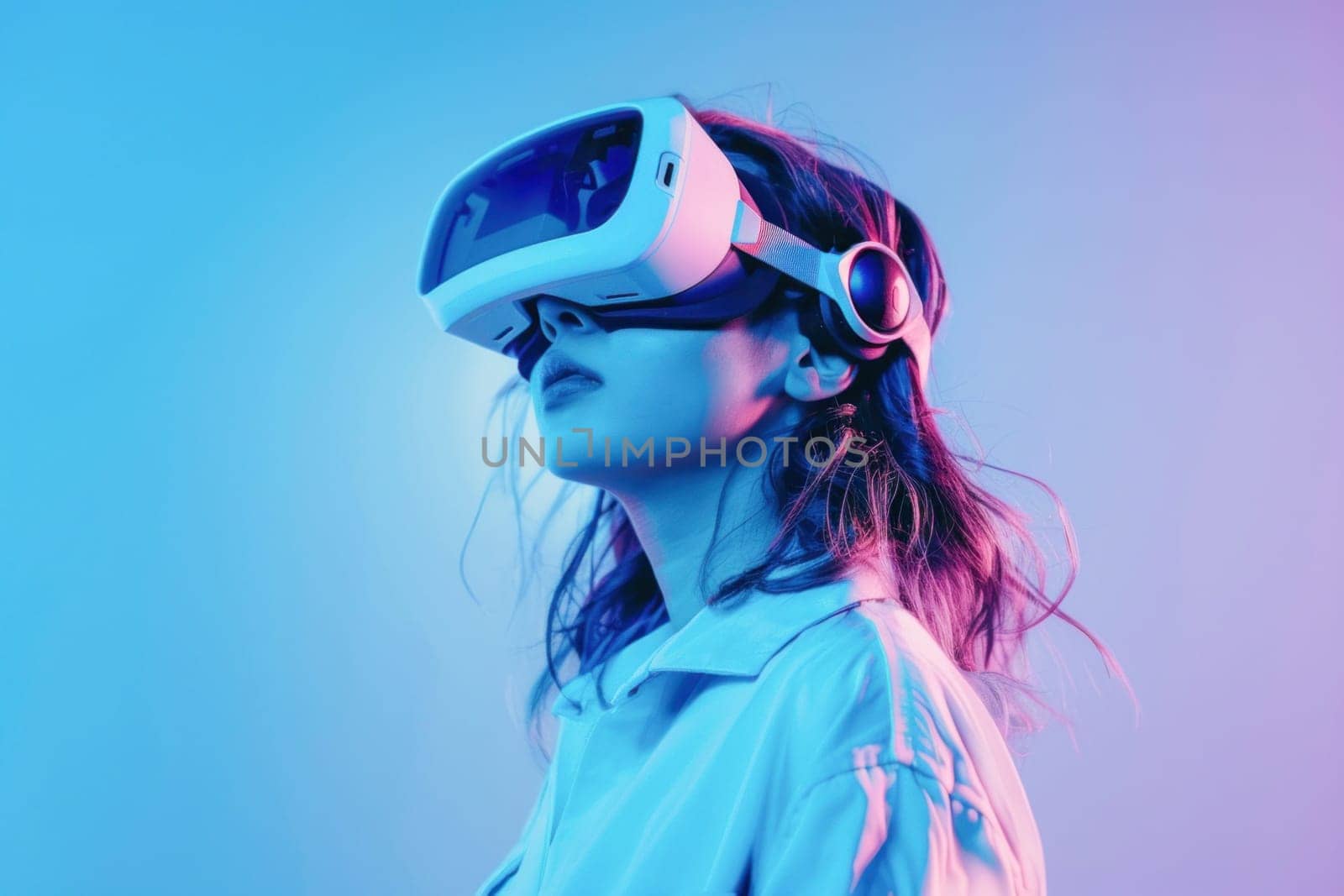 A woman wearing a VR headset is immersed in a world of Microphone, Eyewear, Music, and Entertainment keywords