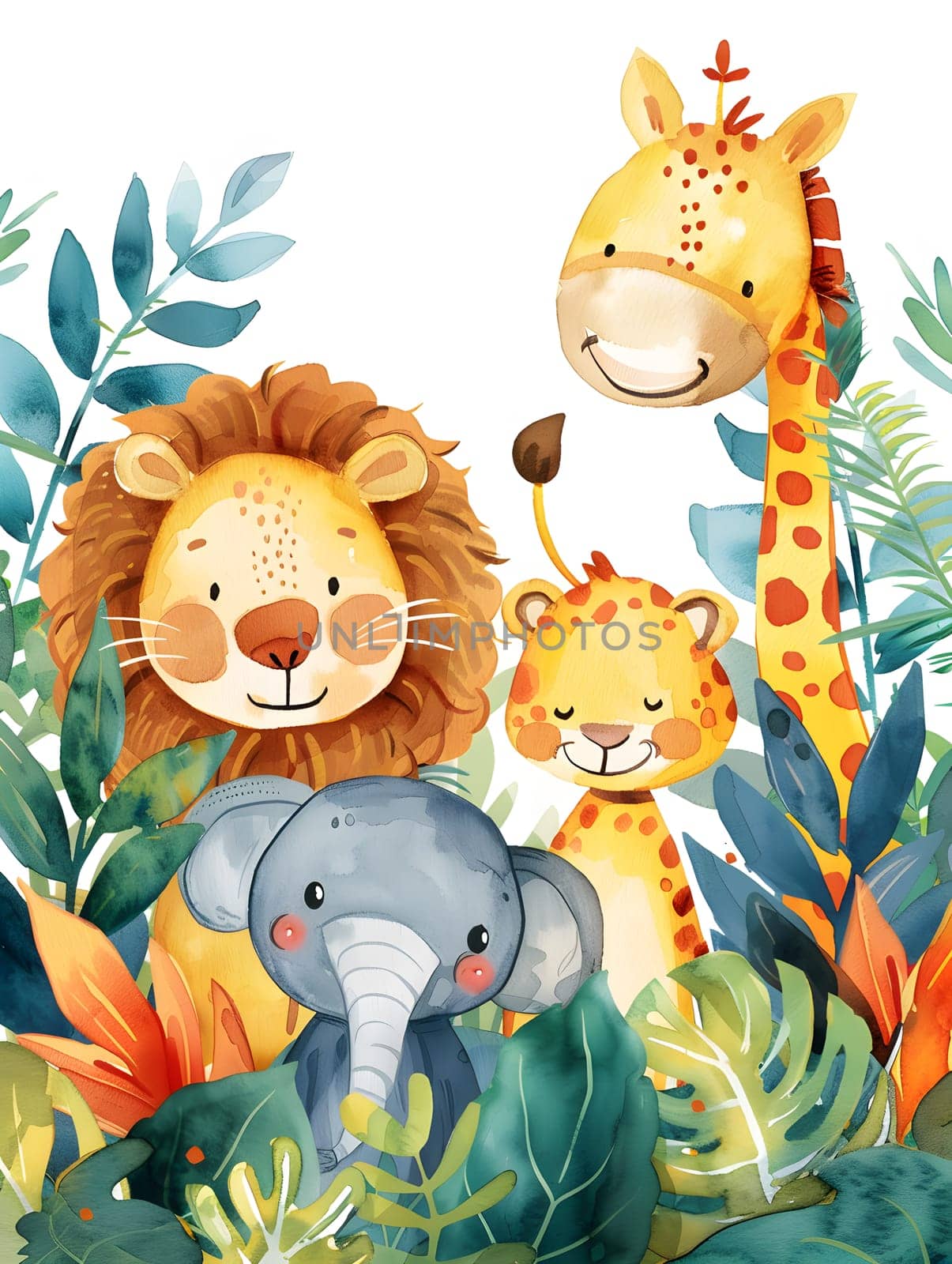 A lion, giraffe, elephant, and leopard stand together in the jungle by Nadtochiy