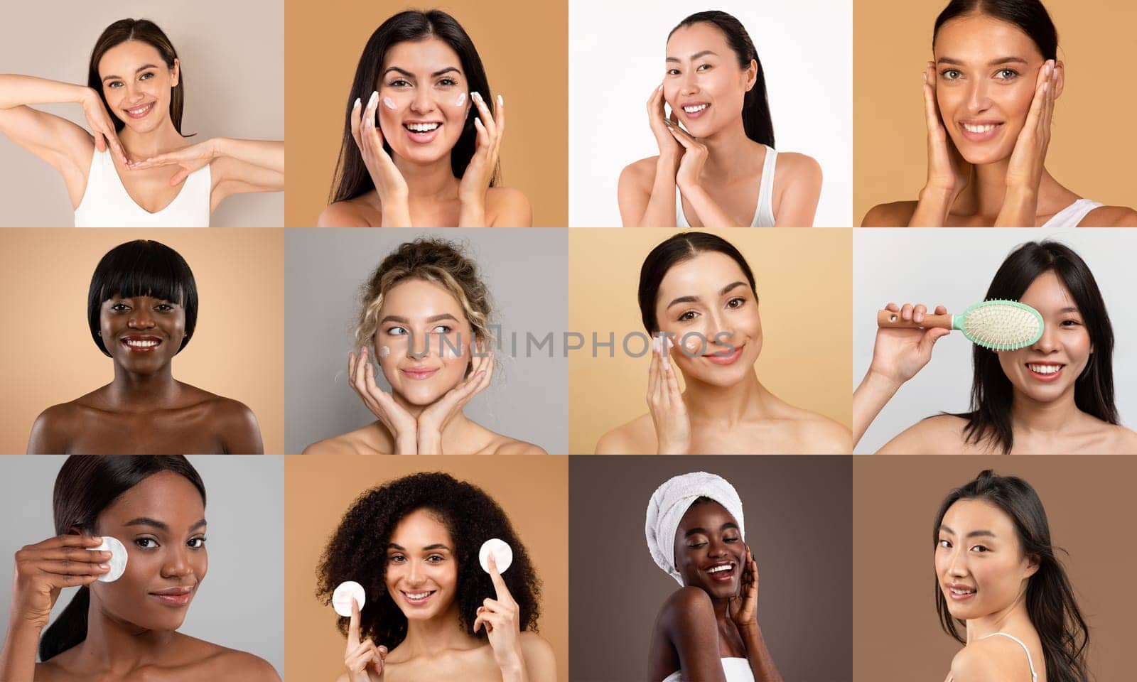 A visual array of women performing their daily skincare rituals, each framed individually against a clean, neutral studio background.