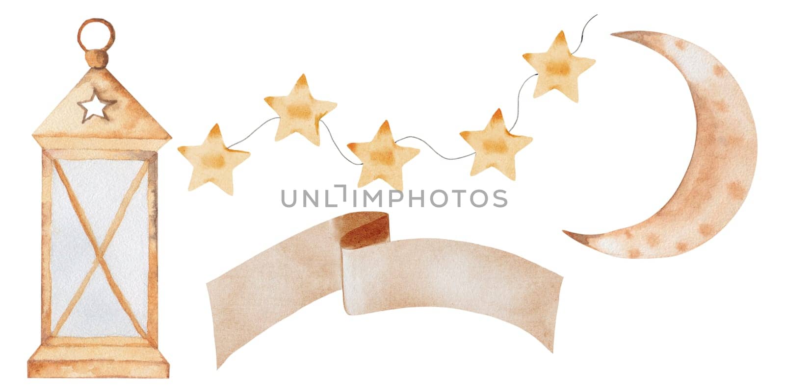 Ramadan Kareem set. Watercolor bundle of Muslim holy holiday elements. Clip art isolated on white background. Ideal for designing cards and invitations for the holy month. High quality photo
