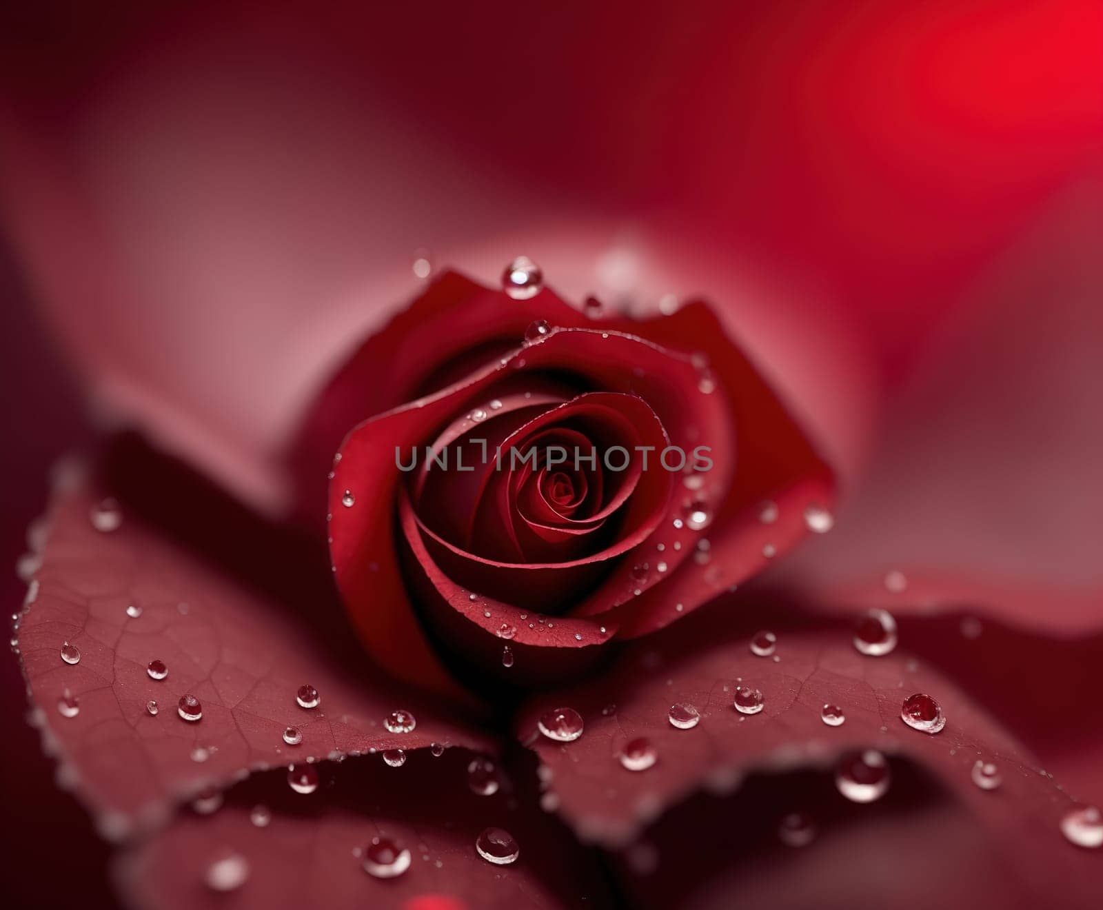 Red Rose flower with drops. Bloom with Copy space. Generative AI.
