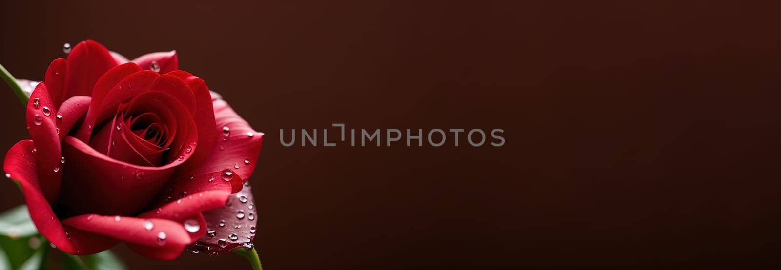 Red Rose flower with rain dew drops isolated on dark background with large copy space. Generative AI.