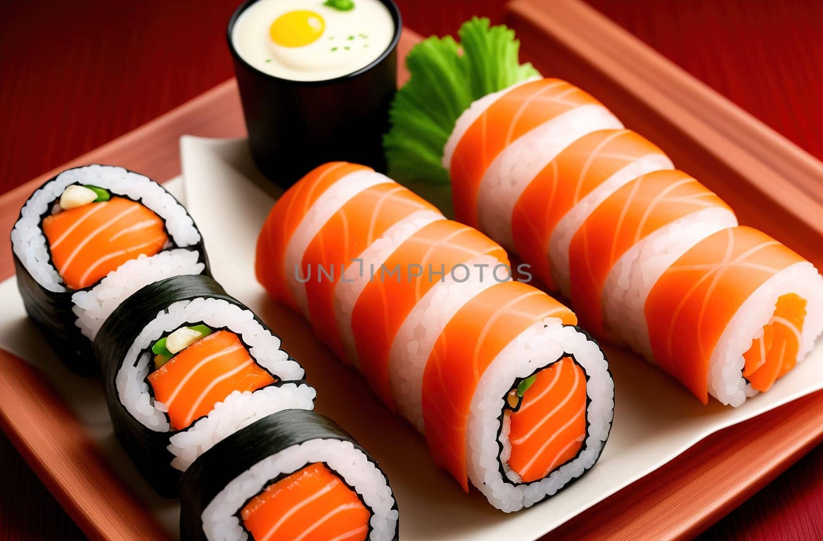 Set of fish rolls, Japanese food. Photo with a delicious beautiful plate in a restaurant close-up. Generative AI.