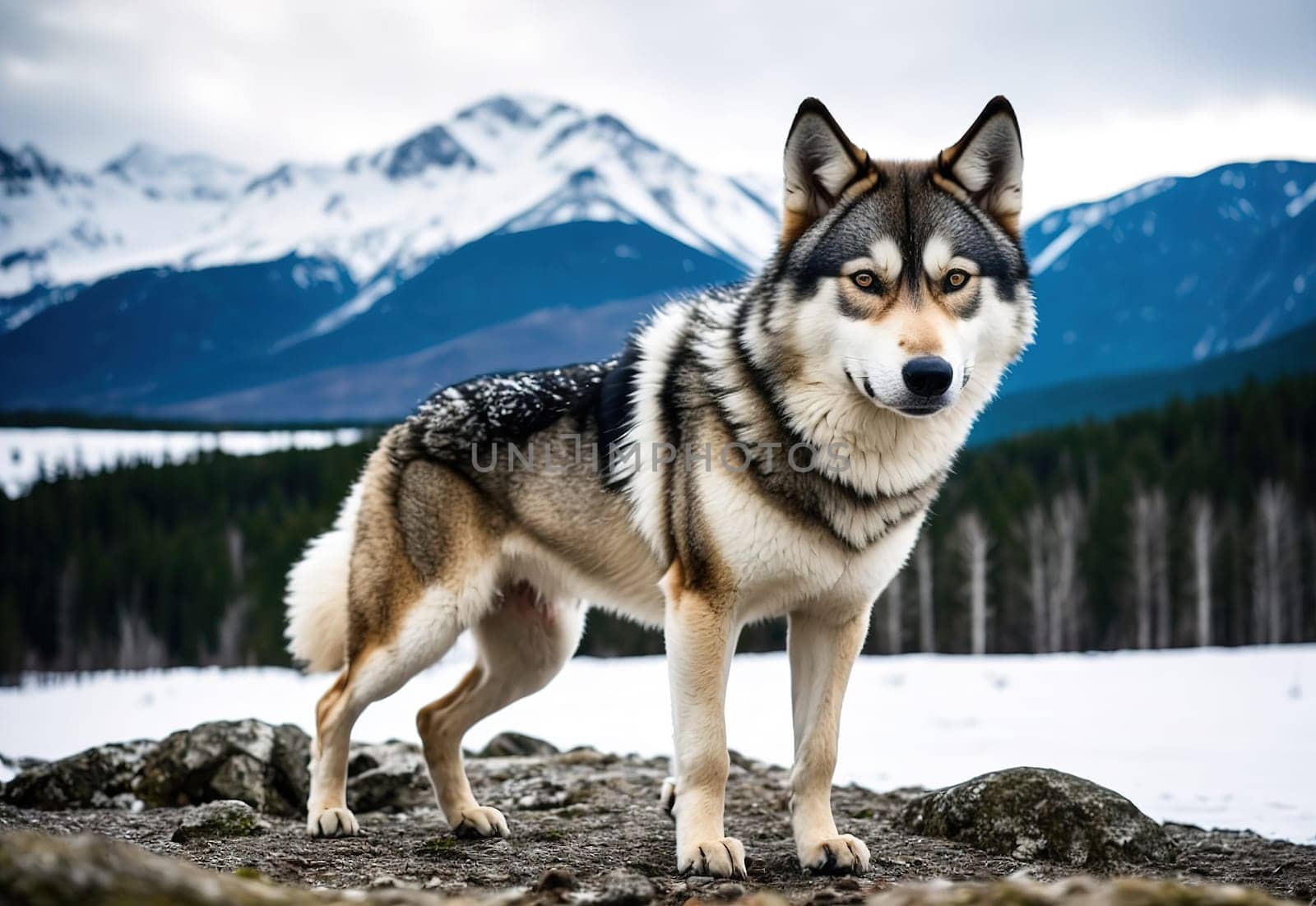 Wild Grey Wolf in winter landscape. Beast standing on the stones and ground. Generative AI.