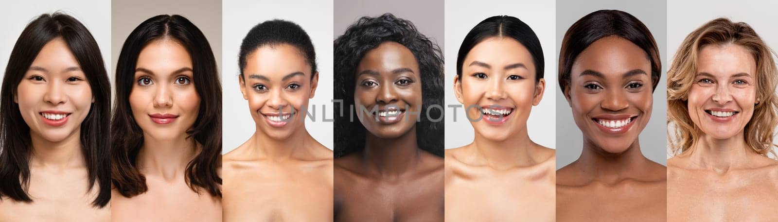 Collage of multiethnic women smiling in portrait mode, showcasing different skin tones and natural beauty, panorama