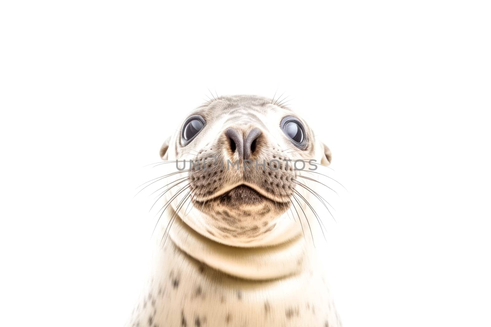 A seal is looking at the camera with its eyes wide open. The image has a playful and curious mood, as the seal seems to be curious about the camera and its surroundings