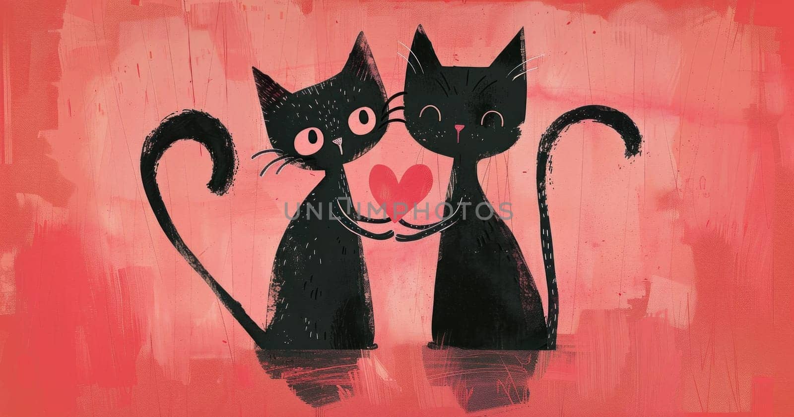 Love and friendship two black cats holding hearts in a romantic setting on pink background