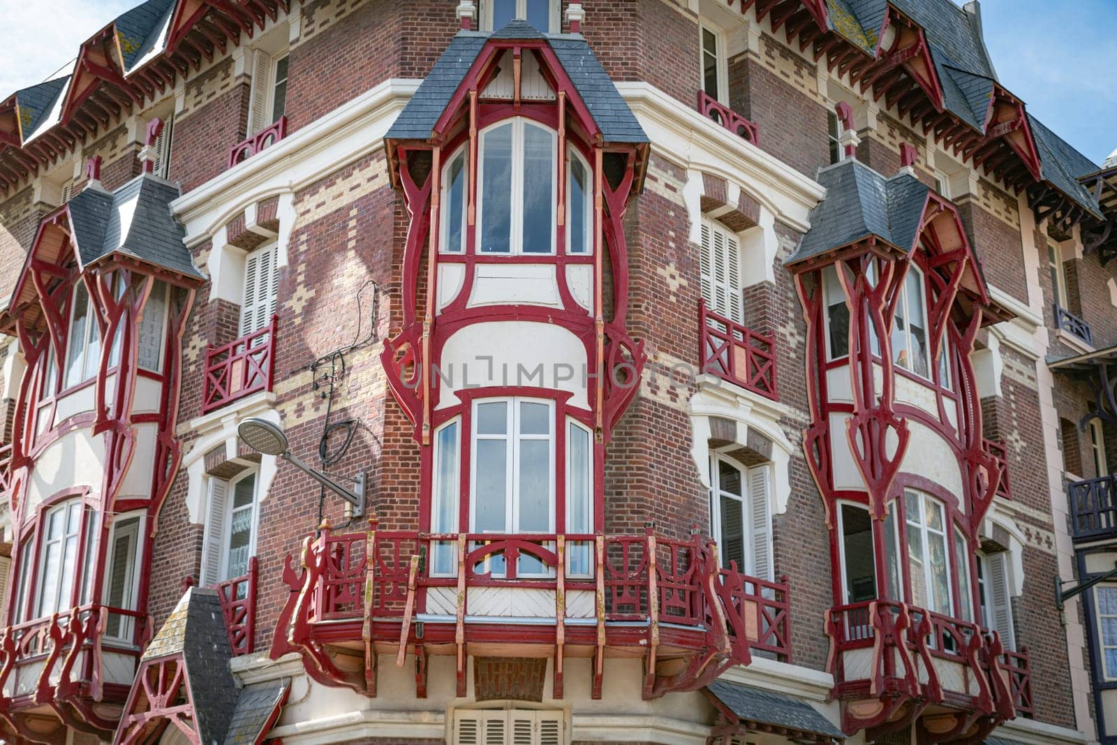 Belle Epoque houses along the French coast. Typical colorful Belle Epoque houses in Art Nouveau style, in the Quartier Balneair in Mers-les-Bains on the French coast