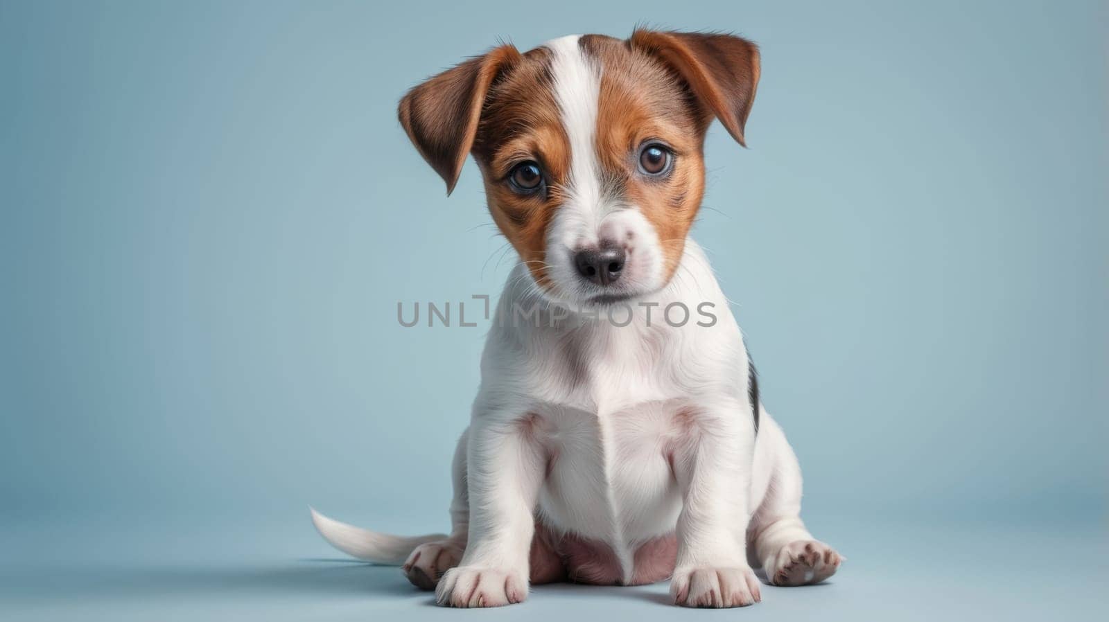 Funny Jack Russell puppy on a blue background.