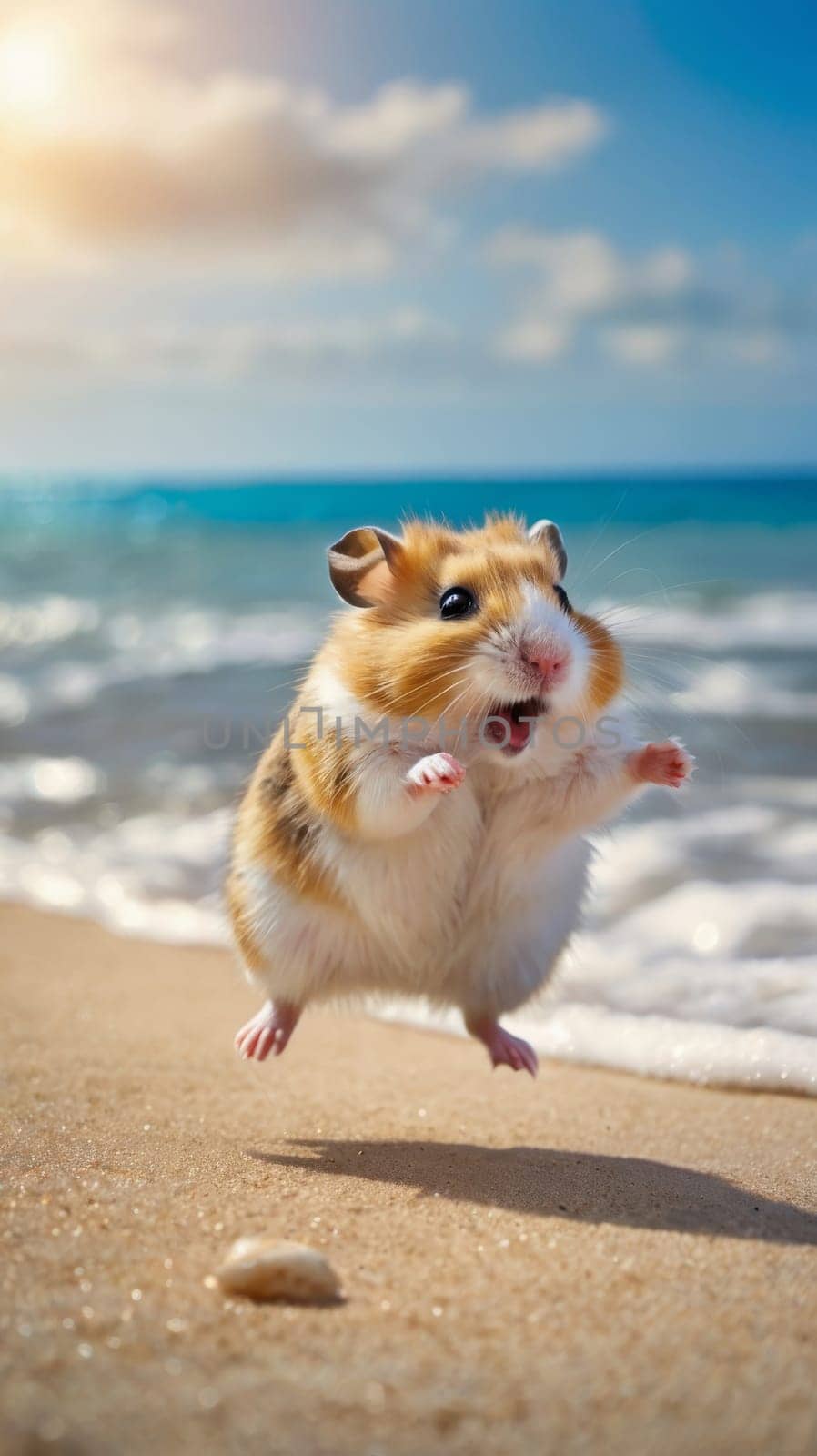 A funny hamster dances on the seashore. cute crazy hamster funny jumps in a dance for joy. by Ekaterina34