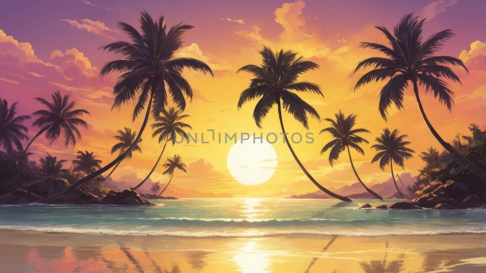 Landscape of paradise tropical island beach, sunrise sunset view. Exotic scenery, palm trees, soft sand and calm sea. Summer beach landscape, vacation or tropical travel sunset colors clouds horizon by Ekaterina34
