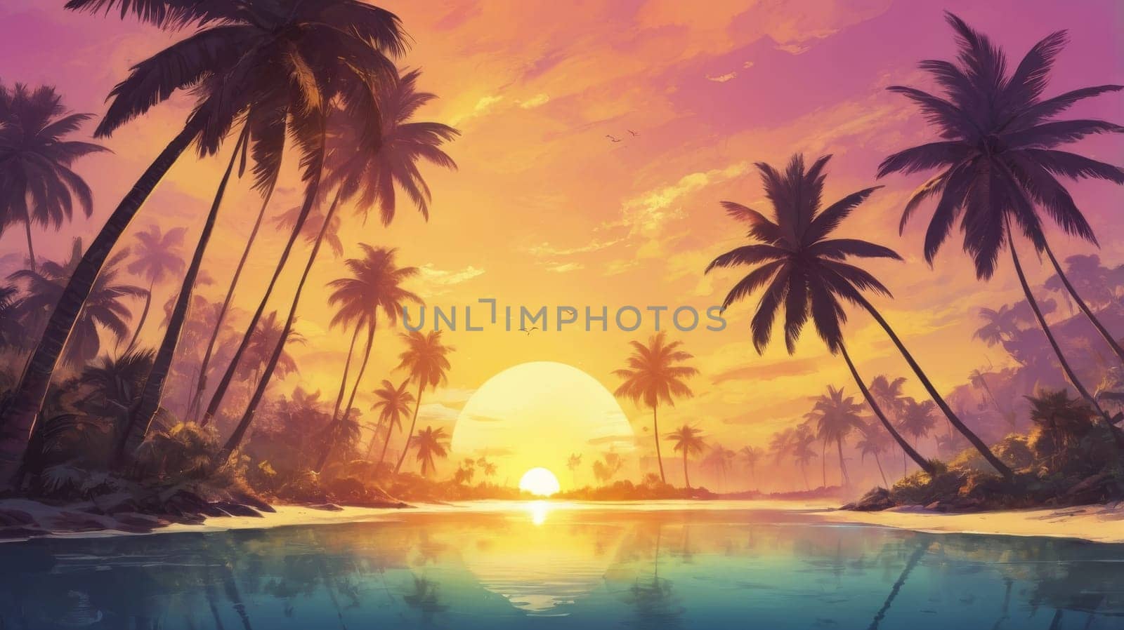 Landscape of paradise tropical island beach, sunrise sunset view. Exotic scenery, palm trees, soft sand and calm sea. Summer beach landscape, vacation or tropical travel sunset colors clouds horizon.