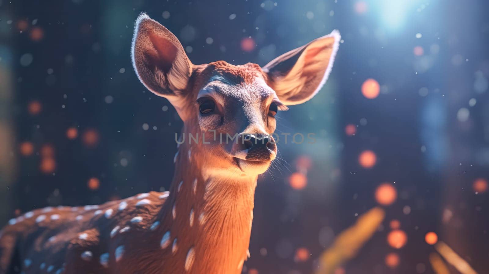 A deer with white spots on its face is standing in the woods. The image has a peaceful and serene mood, as the deer is surrounded by nature and he is enjoying its surroundings