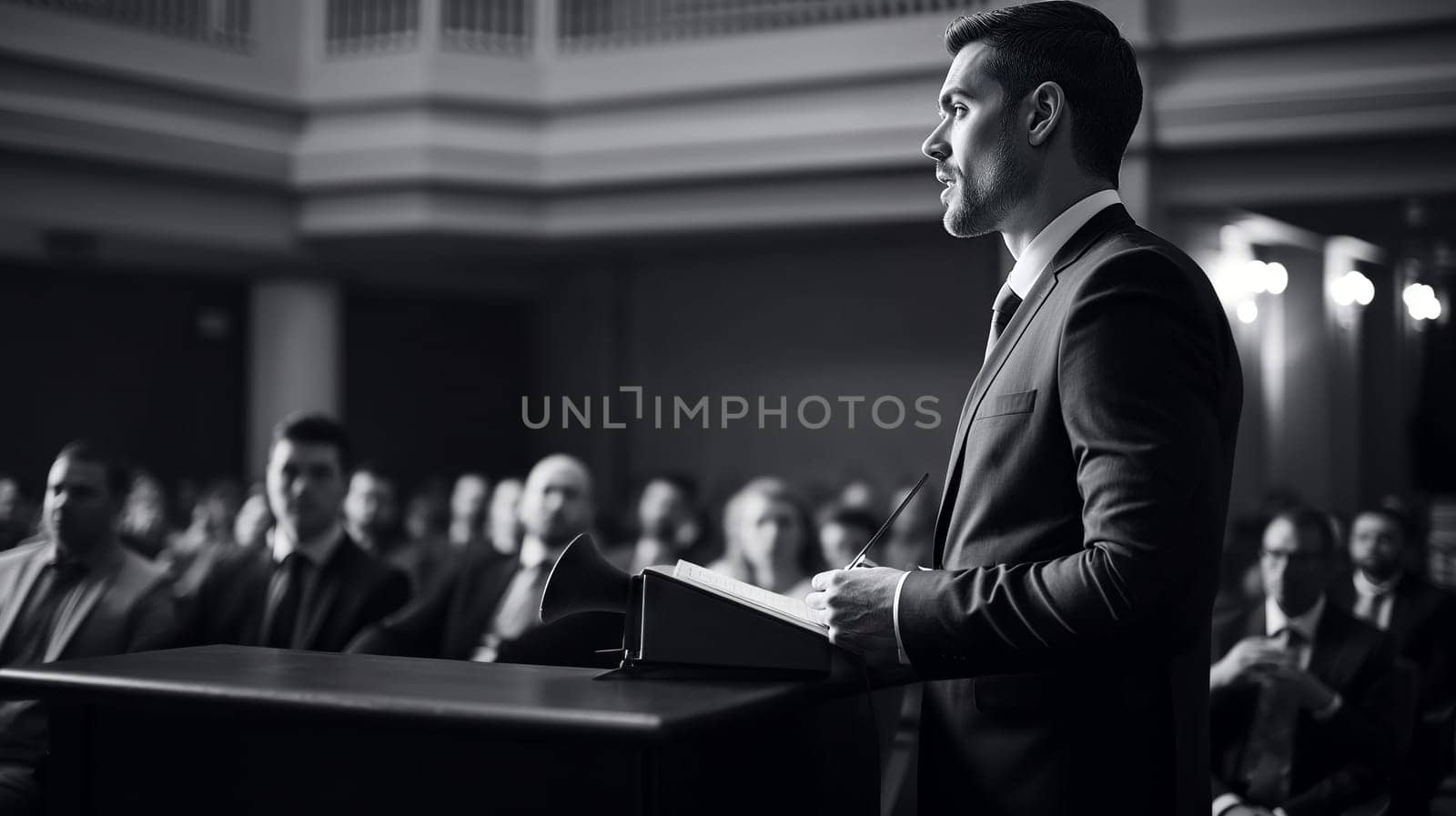 A confident man stands at the podium addressing an attentive audience during a professional seminar in a spacious hall - Generative AI