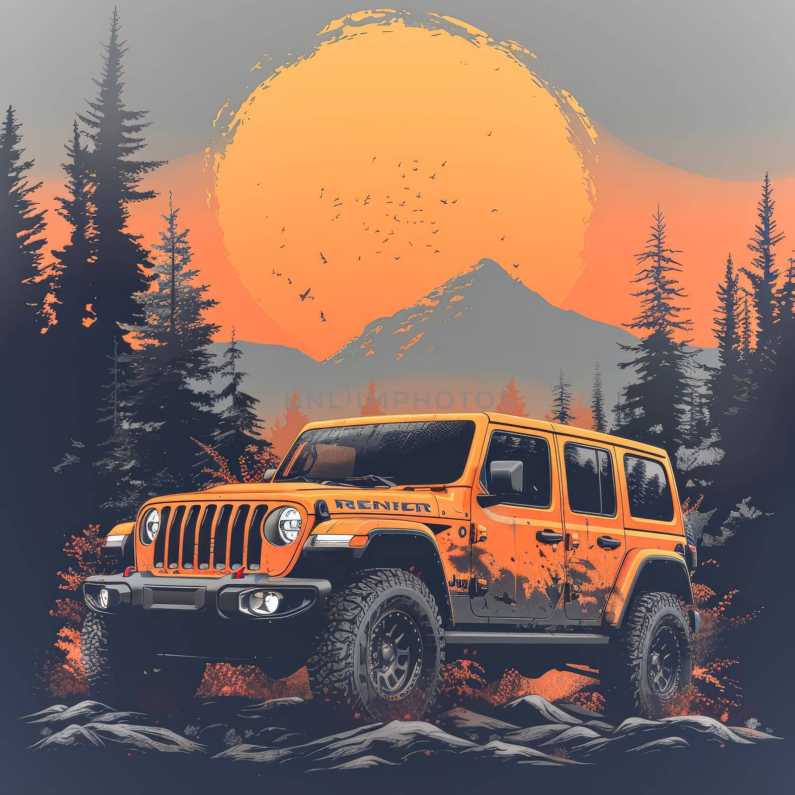 A Jeep Wrangler is driving through a forest with a large orange sun in the background. Scene is adventurous and exciting, as the Jeep is off-roading and exploring the wilderness