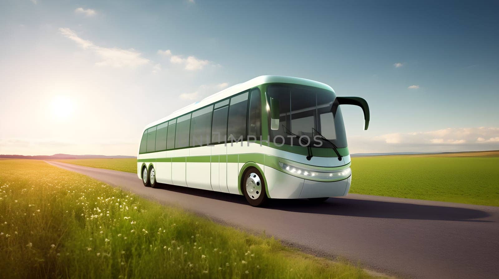 A vibrant abstract tour bus sits parked on a road - environment and green energy concept - Generative AI