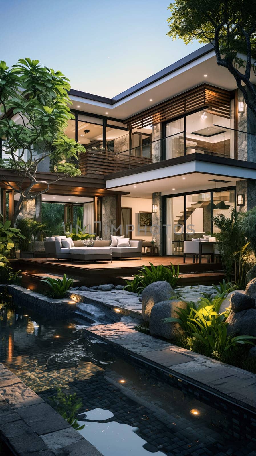 A contemporary two-story home basks in the warm glow of interior lights at twilight, with a serene garden and reflecting pond enhancing the tranquil atmosphere - Generative AI