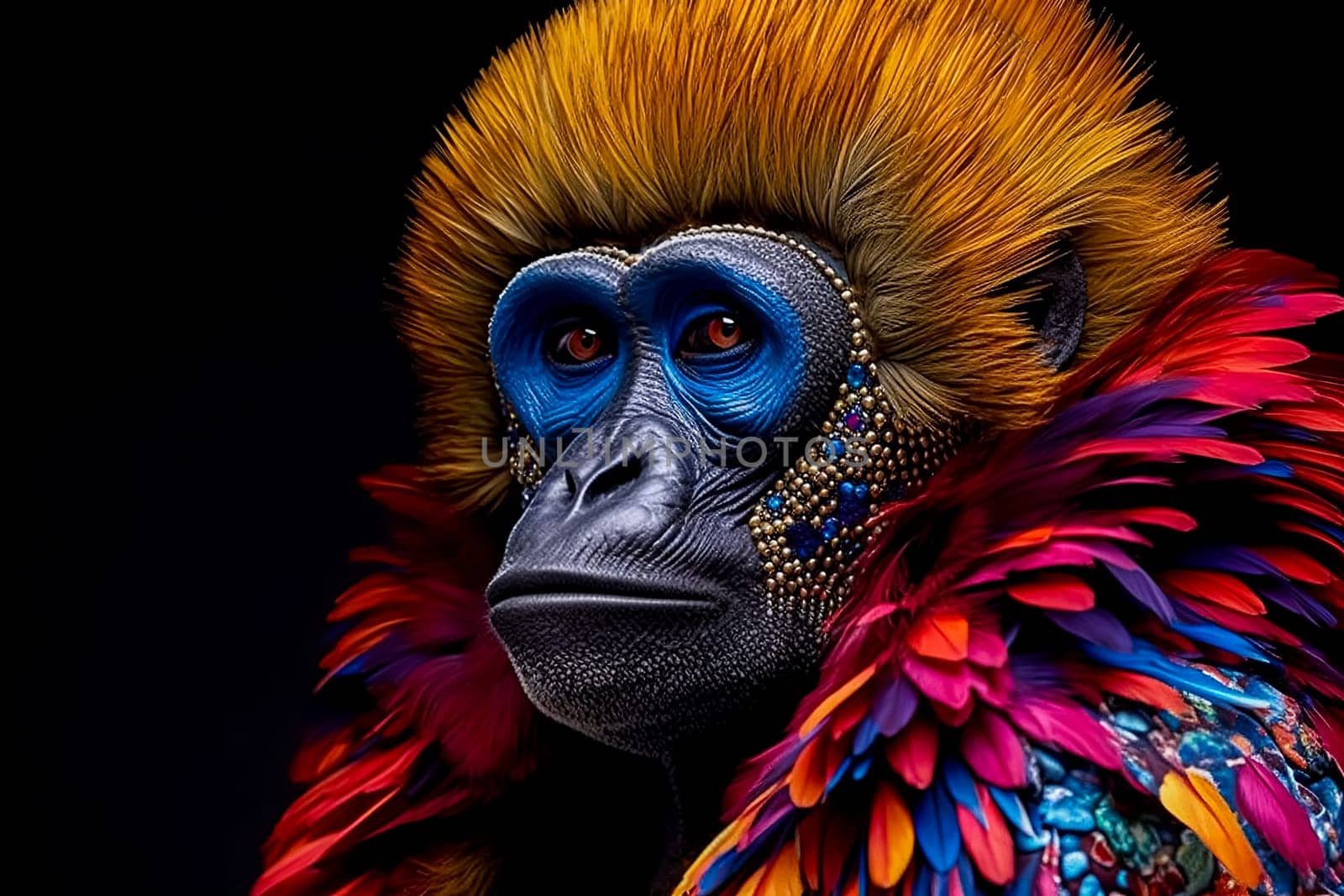 A colorful monkey with a vibrant, feathery tail, displaying a unique and eye-catching appearance.