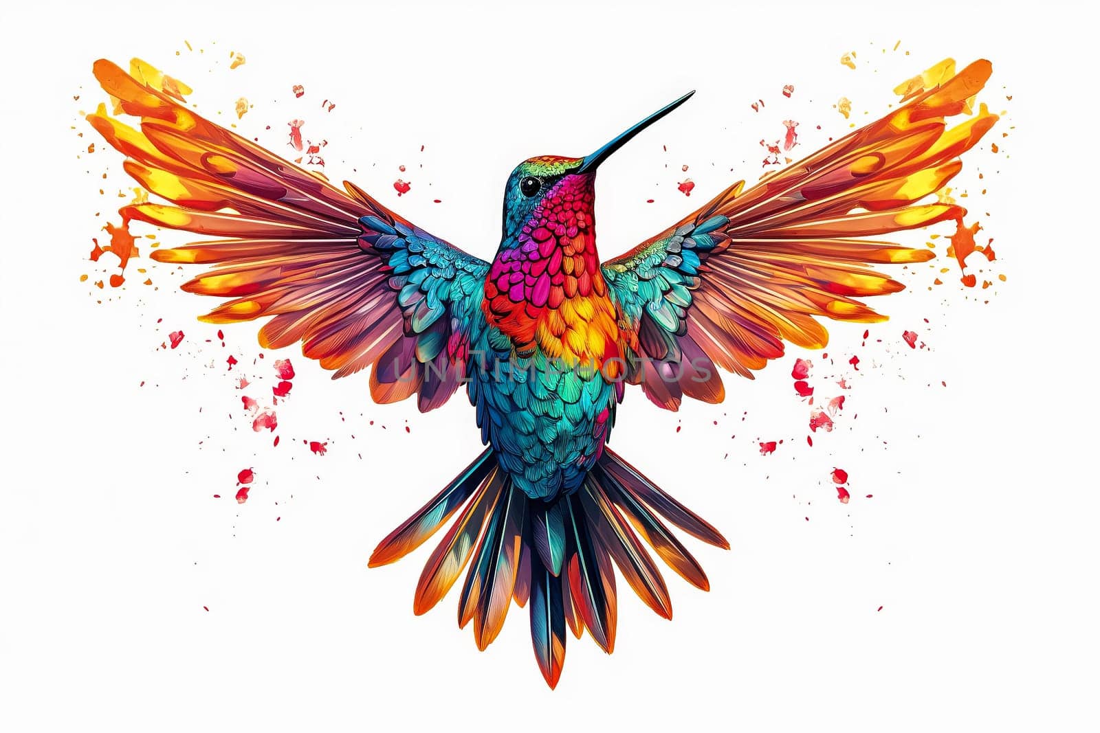 A colorful hummingbird is flying in the air with its wings spread wide. The bird is surrounded by a splash of bright colors, giving the image a lively and energetic feel. The scene captures the beauty