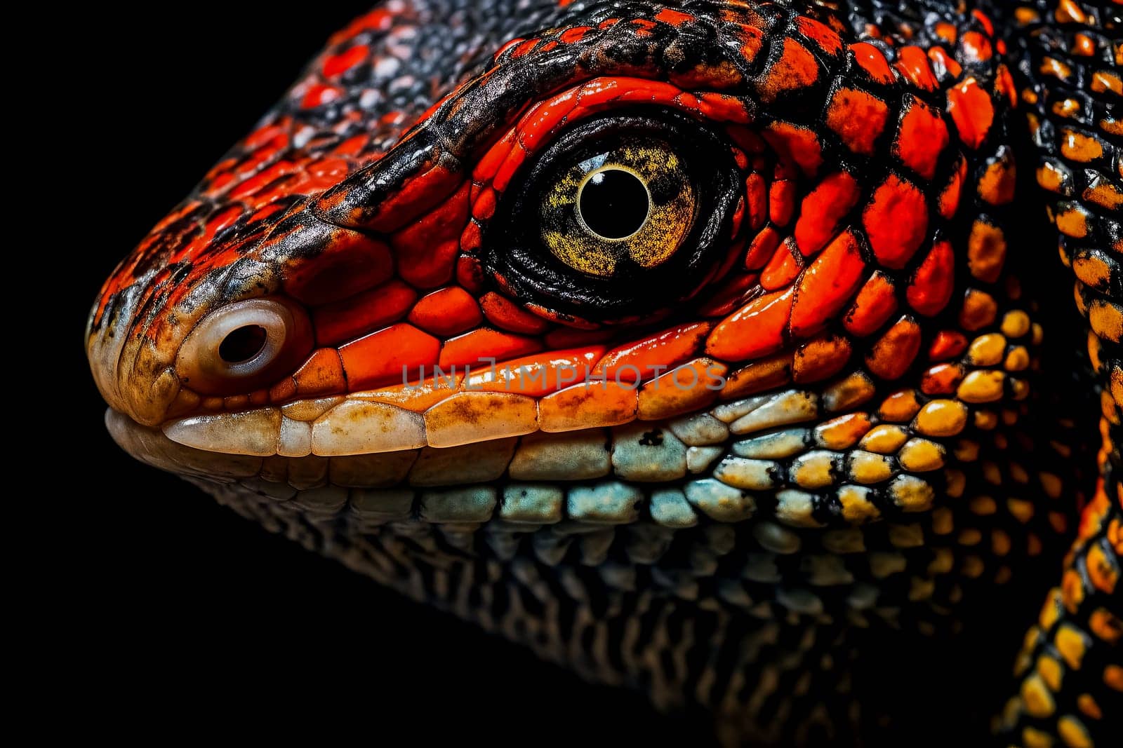 A close up of a lizard's face with red and blue markings. The lizard's eyes are open and staring at the camera