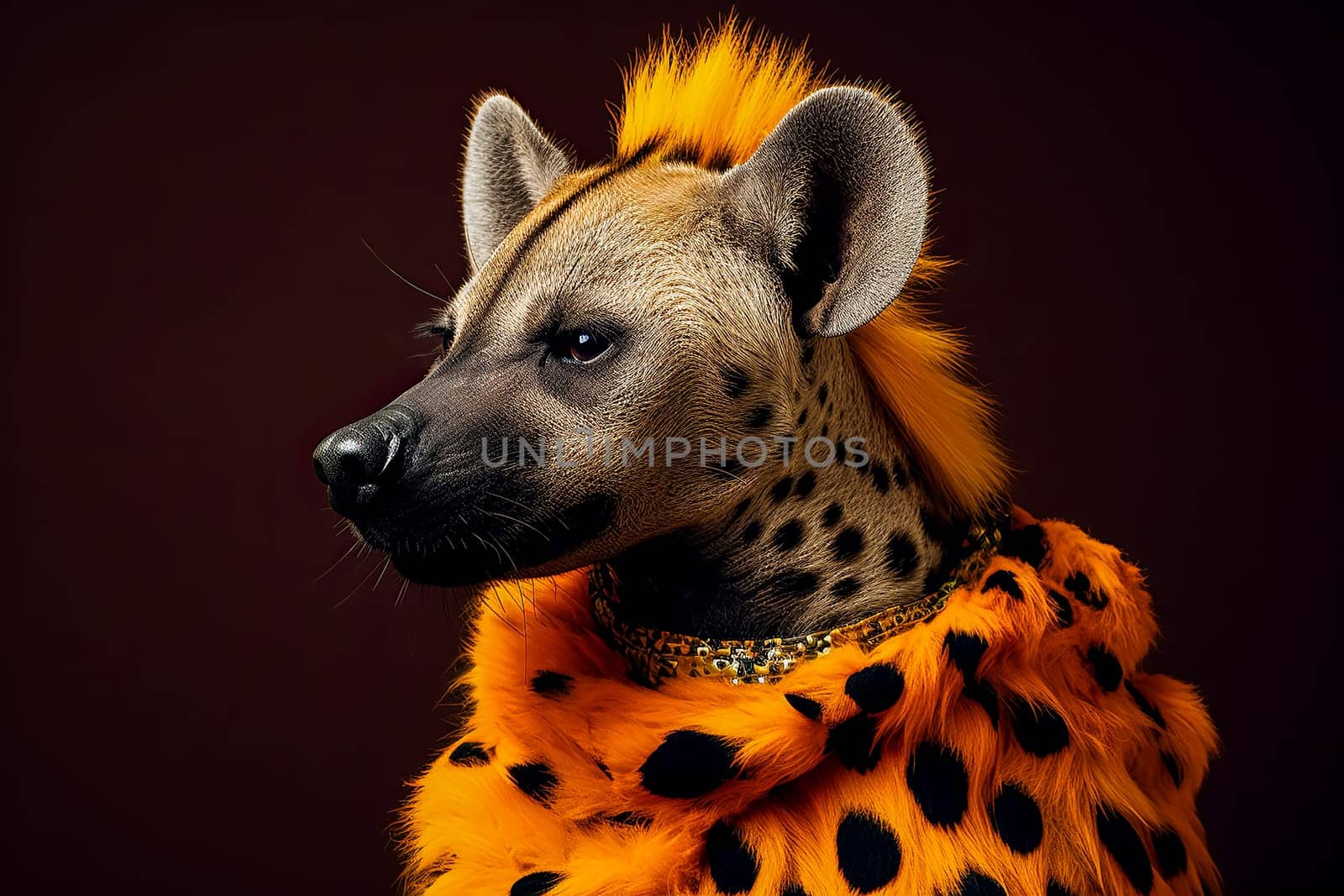 A hyena with a yellow face and distinctive black and white stripes, showcasing its unique and striking appearance in the wild.