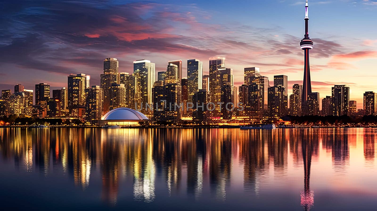 A city skyline with a large building in the middle and a large tower in the background. The sky is a beautiful mix of colors, including pink and orange. The water in the foreground is calm