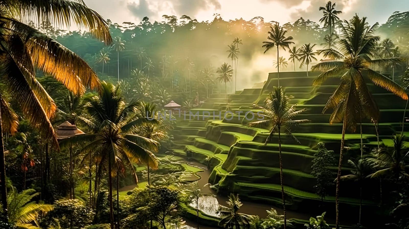 A beautiful landscape with a small house in the middle of it. The house is surrounded by palm trees and the sky is cloudy