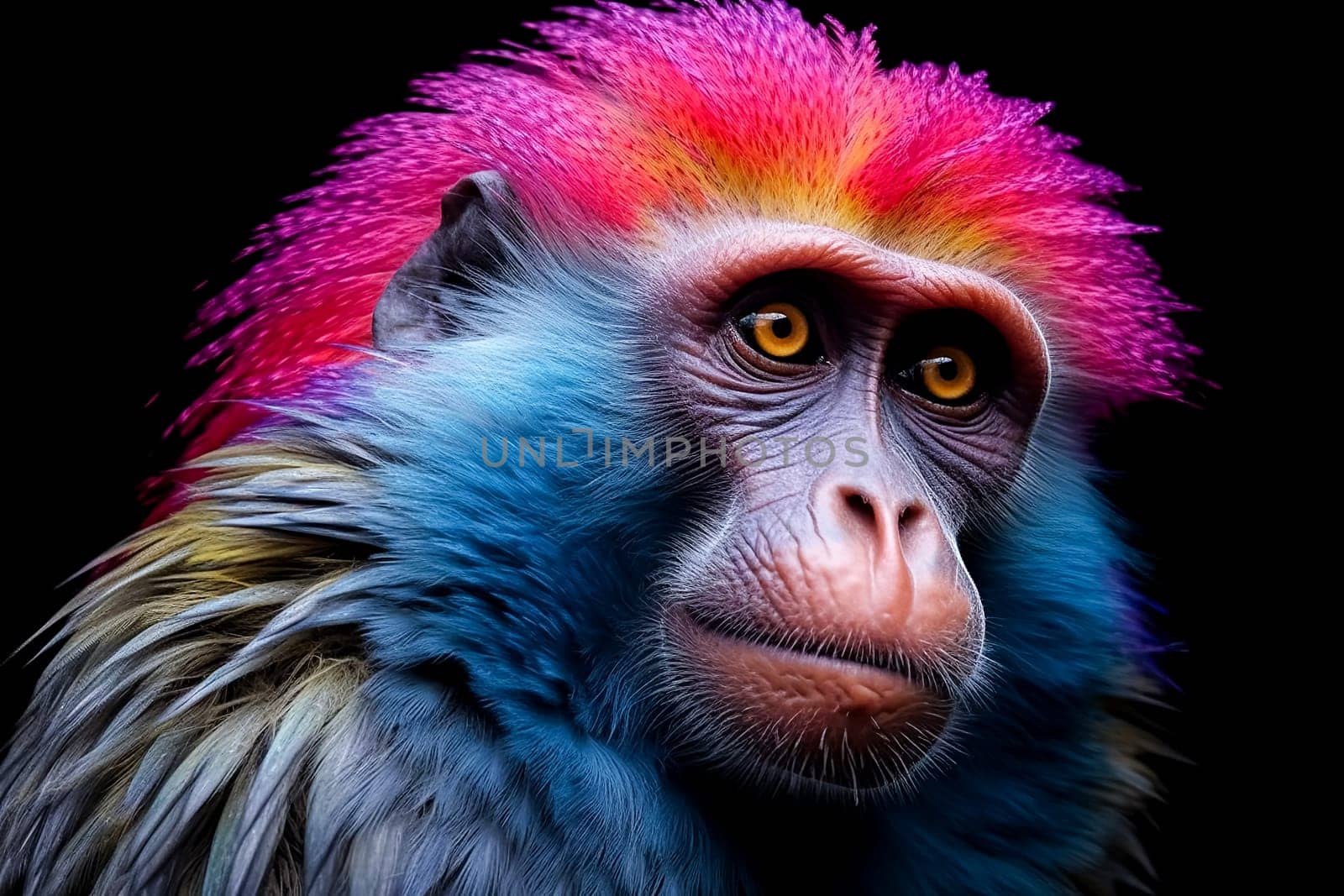 A monkey with rainbow colored hair is staring at the camera. The image has a playful and whimsical mood, as the monkey's colorful appearance is unexpected and unusual