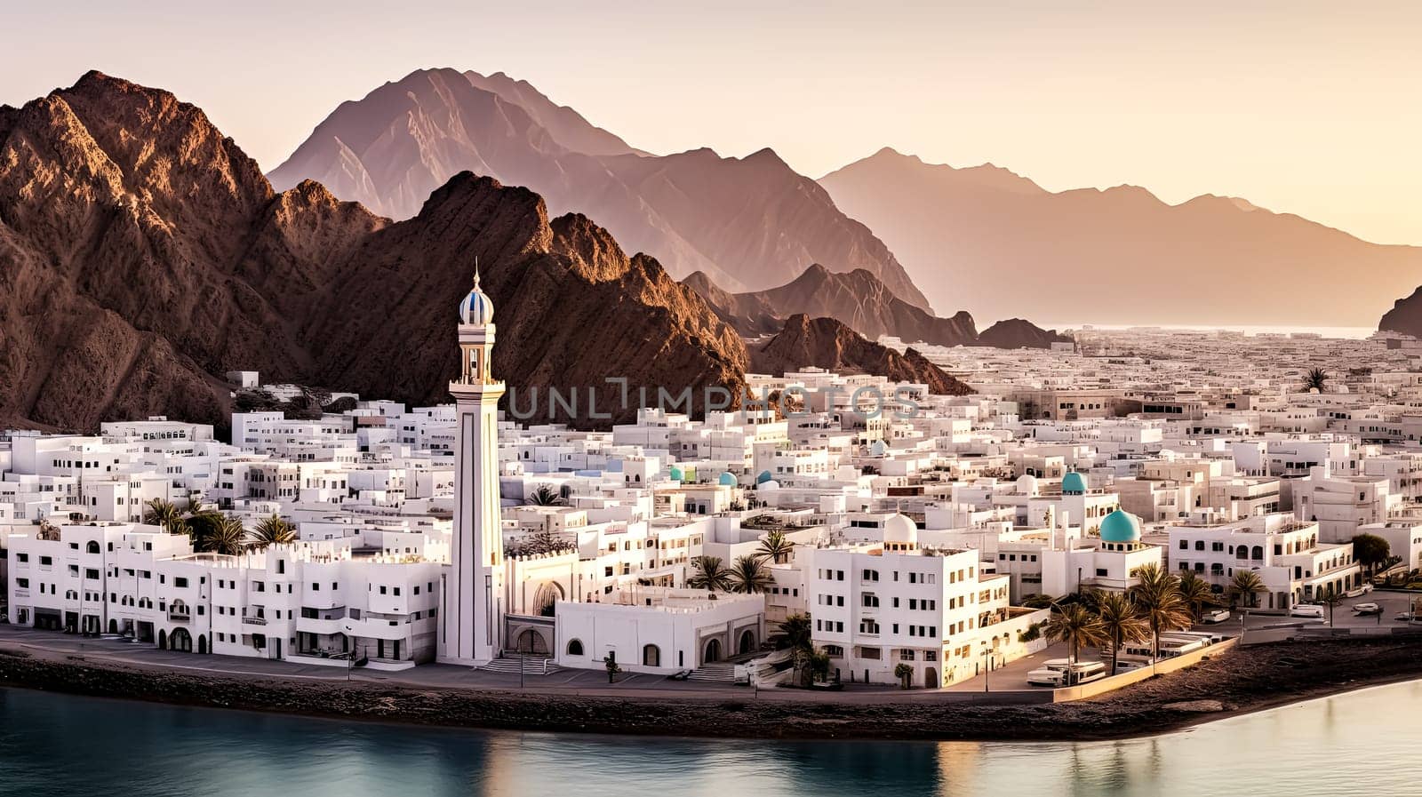 A beautiful mountain town with a large white building in the center. The town is surrounded by mountains and the ocean